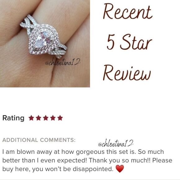 2pcs 925 silver Engagement Ring Wedding Band Set Pear Shaped Diamond Ring - Picture 8 of 11